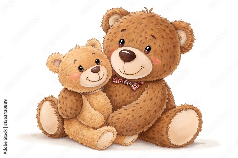 Obraz premium Two teddy bears sitting together on white background