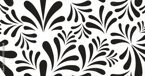 Black and white seamless floral pattern with vintage leaves and decorative elements