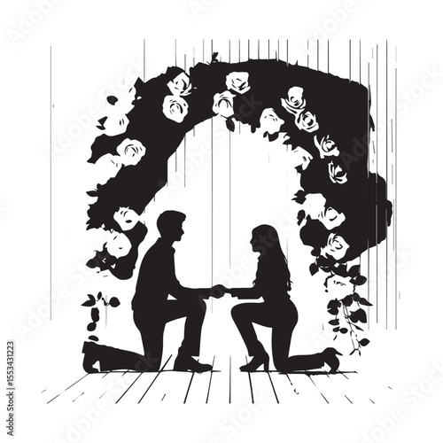 Romantic couple holding hands and proposing marriage under a floral archway silhouette with elegant roses and a wooden floor
