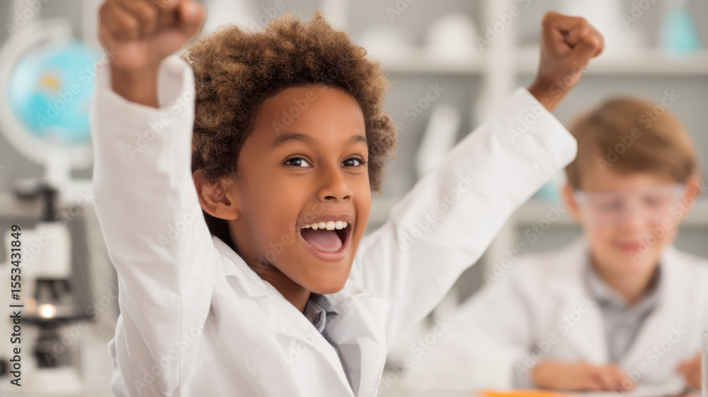 Obraz premium A joyful child in a white lab coat raises their arms in excitement, likely celebrating a success in a classroom or science experiment.