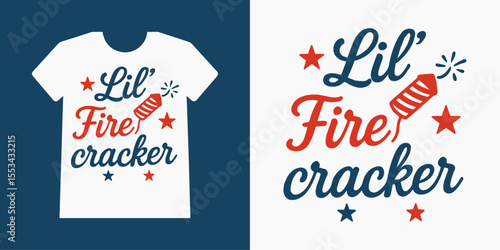 Lil' Firecracker T-Shirt Design with Patriotic Red and Blue Typography, Firework Rocket, and Stars for Independence Day