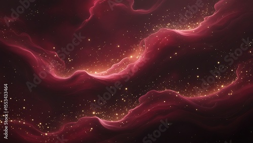 Deep Red Nebula with Golden Sparkles in Dark Space