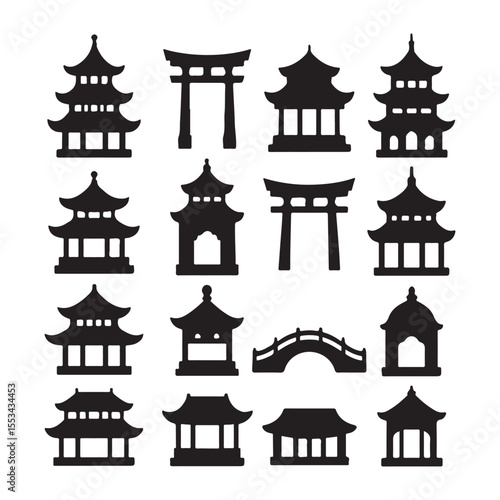 Silhouette collection of various traditional Asian structures.