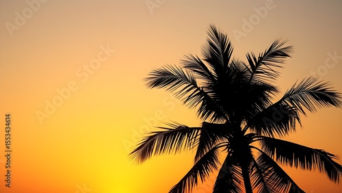 Minimalistic silhouette of a tropical palm tree against a sunset sky, bathed in warm golden hour light.