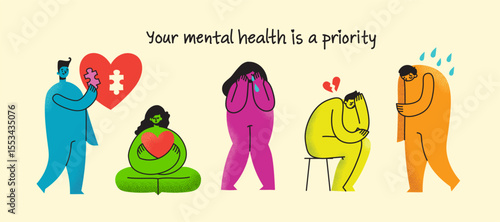 Take care of your body, take care of your health and mind. Increase awareness of mental health. Mental Health Awareness Month. Control, Prevention campaign and protection.
