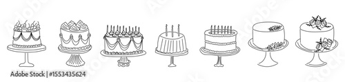 Set of hand drawn birthday cakes. Vintage cake illustrations with candles, floral decor and whipped cream. Perfect for coloring pages, baking blogs, party printables