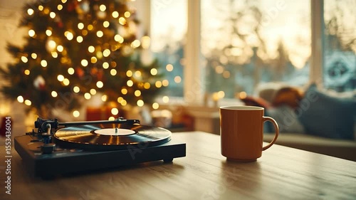 Cozy winter holiday scene with record player and christmas tree