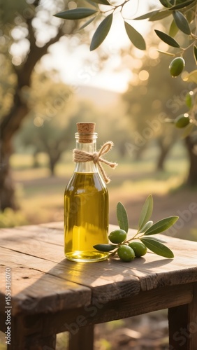 Bottle of Olive Oil with Fresh Olives in Olive Grove – Organic Food and Natural Product Concept