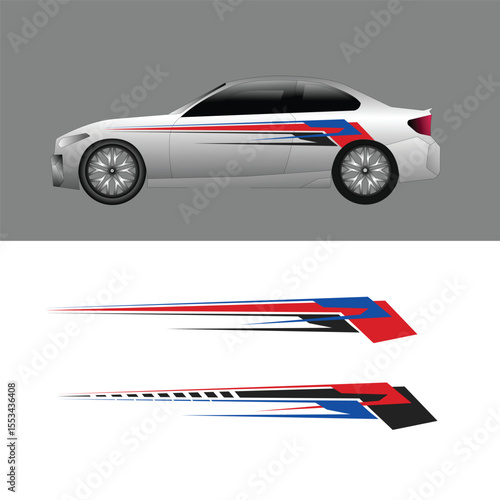 Car livery decal design with dynamic abstract striped motif. Using a sharp combination of red, blue, and black,