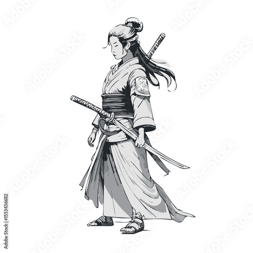 samurai standing peacefully wearing a large Samurai Jingasa, side view full body, clothing flowing, realistic pencil drawing,
