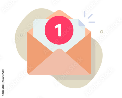 New email message icon flat cartoon modern graphic illustration, incoming one newsletter letter received in mail inbox with 1 notification notice on envelope image clipart