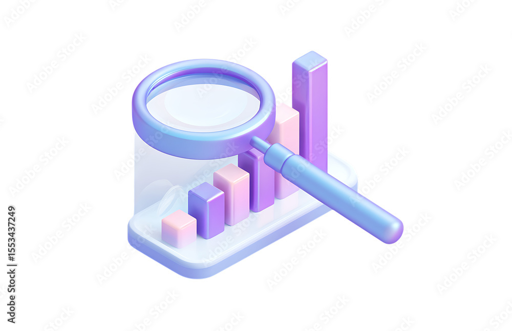 A purple and blue cartoon magnifying glass floating over a bar graph icon, in an isometric design style. A purple and blue cartoon magnifying glass floating over a bar graph icon, in an isometric design style.