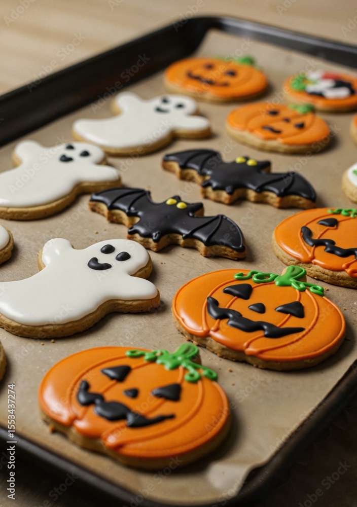 Halloween-themed cookies shaped like pumpkins, ghosts, and bats Halloween-themed cookies shaped like pumpkins, ghosts, and bats