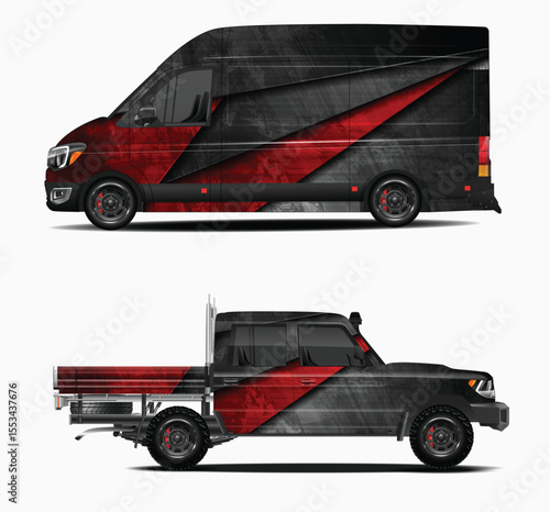 Red and Black Graphic Vehicle Wraps for Van and Pickup Truck