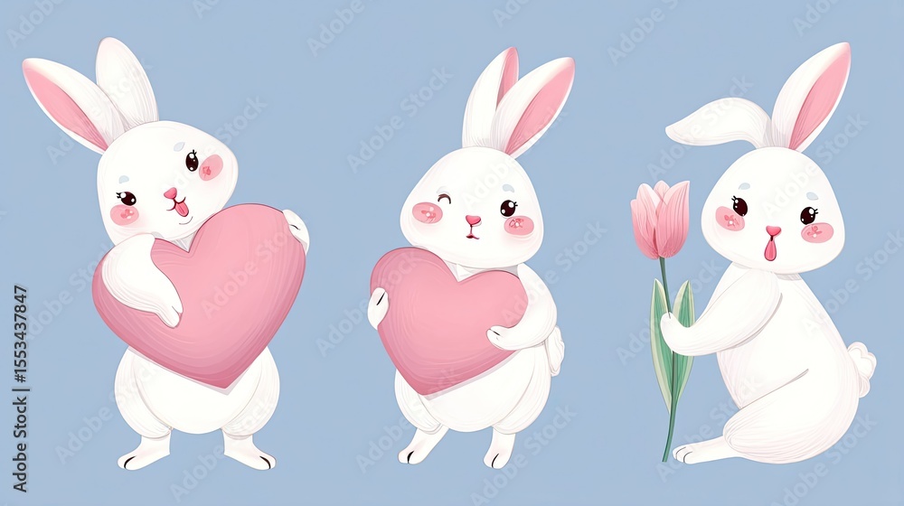 Obraz premium Adorable Rabbits with Hearts and Flowers Illustration