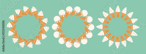 Three round summer simple frames made of vanilla ice cream arranged in circle, hand drawn in flat style. Cute set isolated on blue background. Vector illustration EPS10