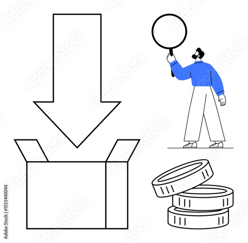 Downward arrow pointing to an open box beside a person holding magnifier and stacked coins. Ideal for problem-solving, discovery, finance, investment, innovation, analysis, simple landing page