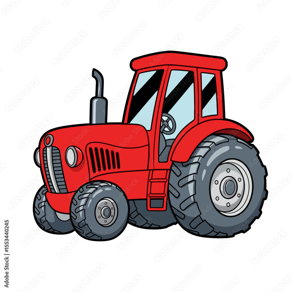 Obraz premium A cartoon illustration of a red tractor with large tires on a white background isolated object