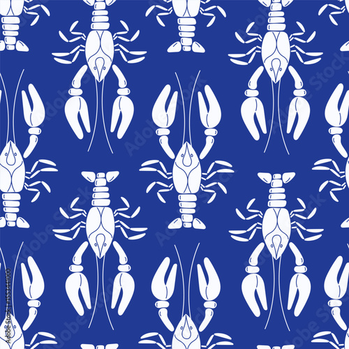 Seamless pattern of white crabs on blue background Mediterranean seafood