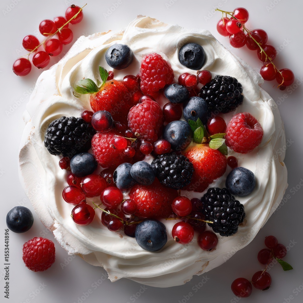 a pavlova topped with fresh berries and cream, on a white background a pavlova topped with fresh berries and cream, on a white background