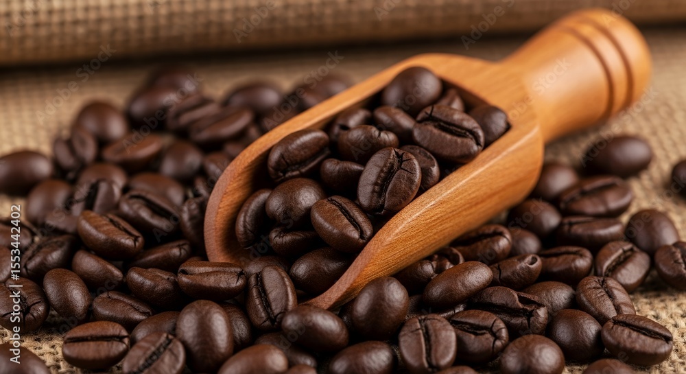 Fototapeta premium Roasted Coffee Beans in Wooden Scoop on Burlap
