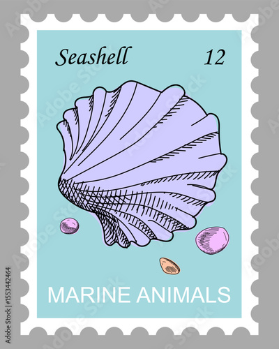 Postage stamp with shell and pebbles. Blue marine seashell. Hand drawn vector on sky blue background. Cartoon. Sketch style.