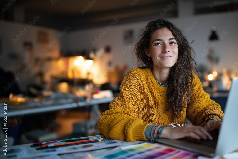 Fototapeta premium Smiling woman in yellow sweater working on a laptop in a warmly lit, creative studio environment.