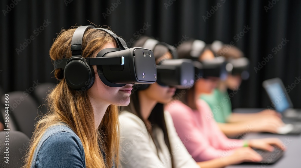A group of people wearing virtual reality headsets and headphones, engaging with digital content in a focused environment. A group of people wearing virtual reality headsets and headphones, engaging with digital content in a focused environment.