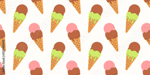 Summer seamless pattern scoop of vanilla, creme brulee, chocolate ice cream, strawberry, pistachios gelato in waffle cone on white background. National Ice Cream Day wallpaper. Hand drawn flat EPS