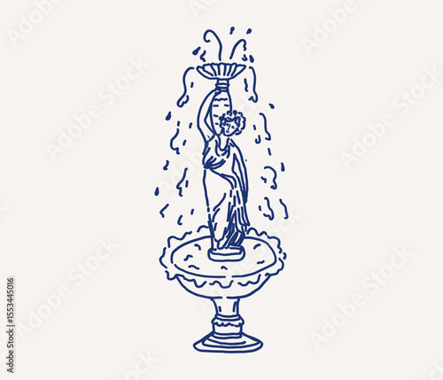 Whimsical hand drawn line art graceful fountain with sculpted figure holding bowl above head, water cascading down into basin for wedding invitation card template. Vector outline illustration