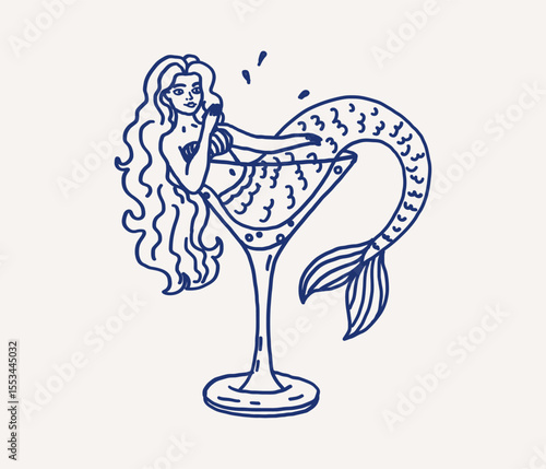 Whimsical hand drawn line art mermaid lounges in a large cocktail glass. Flowing hair and a sparkling tail coastal sea mediterranean creature. Vector outline illustration