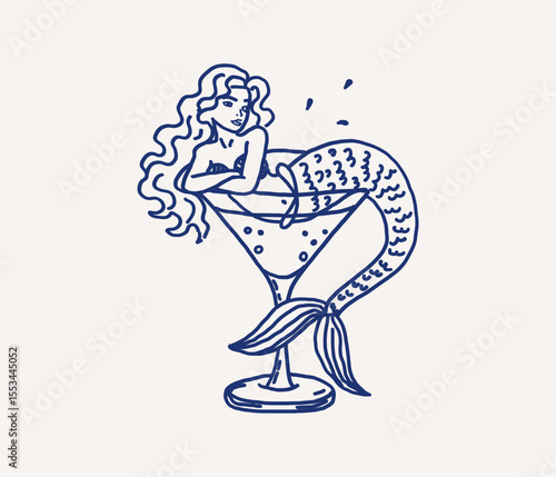Whimsical line art mermaid lounging in a cocktail glass, showcasing flowing hair and fish tail hand drawn. Playful design combines fantasy with unique drink presentation. Vector outline illustration