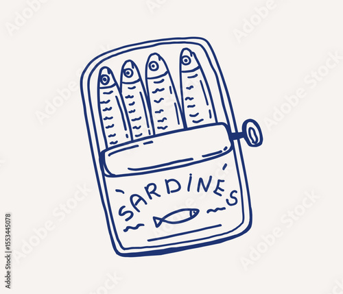 Whimsical hand drawn line art can of sardines with four fish neatly arranged inside. Mediterranean canned seafood. Vector outline illustration