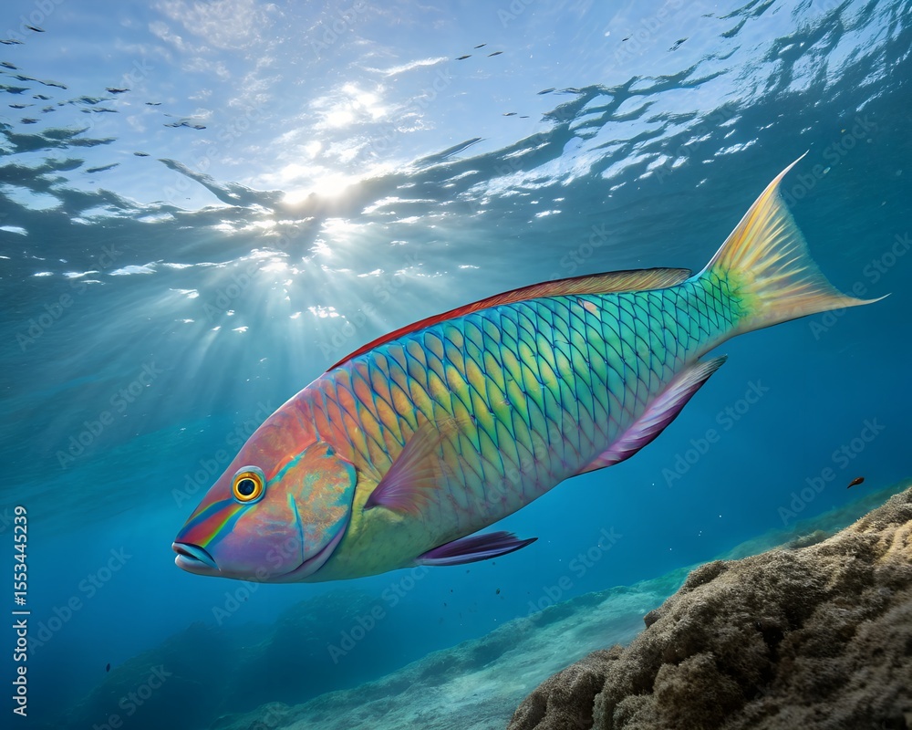 Naklejka premium Male Fish with Stunning Colors Swimming in Calm Ocean Waters