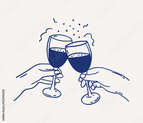 Whimsical hand drawn line art of two hands holding elegant glassware filled with cocktails clinking together in joyful toast. Wedding decor festive occasion. Vector outline illustration