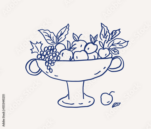 Whimsical hand drawn line art vase with assortment of fresh fruits, including apples and grapes, surrounded by vibrant green leaves. Vector outline illustration