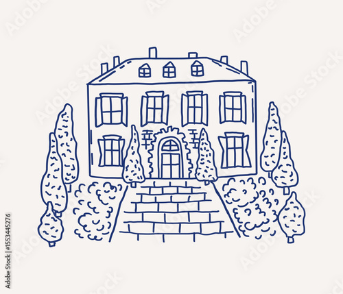 Whimsical hand drawn line art of charming wedding mediterranean house. Villa residence are neatly trimmed trees and a stone pathway. Vector outline illustration