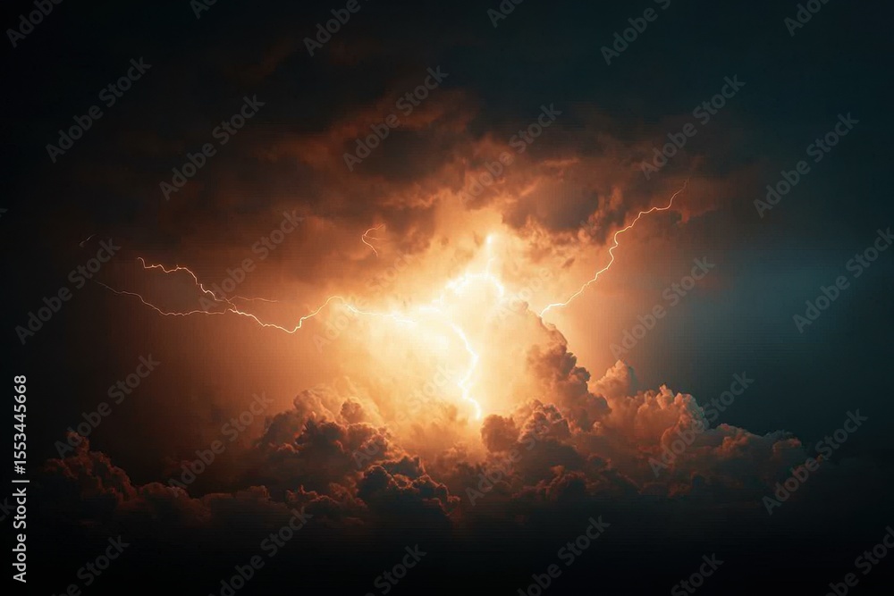 Fototapeta premium Dramatic Lightning Strikes Over Dark Stormy Clouds at Night Sky