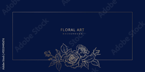 Luxury floral blue background with golden frame and rose flowers pattern in line art style. Hand drawn vector illustration for greeting card, wedding invitation, save the date, print, cover