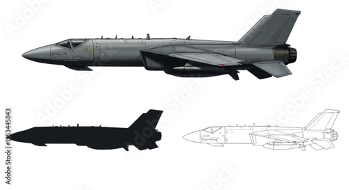 Tomahawk Cruise Missile in 3 Styles: Realistic Gray, Silhouette & Technical Line Art – Side Profile Illustrations on White Background

