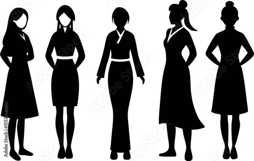 Silhouettes of five women in various elegant and stylish outfits dresses