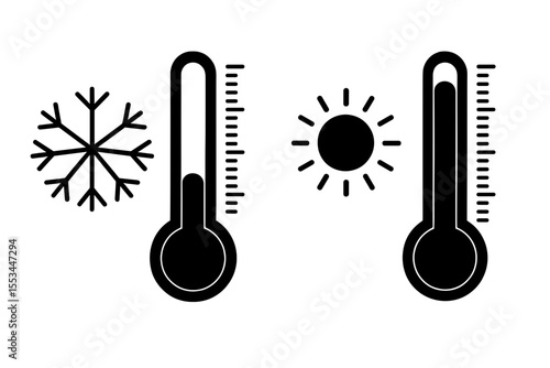Thermometers showing cold and hot temperatures with weather icons  