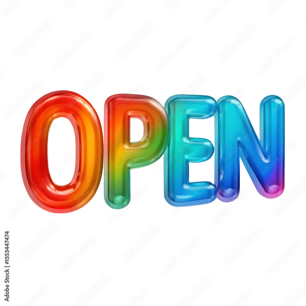 Three Dimensional Translucent Open Text Illustration in Vibrant Rainbow Colors against a Transparent Backdrop Featuring Glossy Lettering Ideal for Retail and Promotional Graphics Three Dimensional Translucent Open Text Illustration in Vibrant Rainbow Colors against a Transparent Backdrop Featuring Glossy Lettering Ideal for Retail and Promotional Graphics