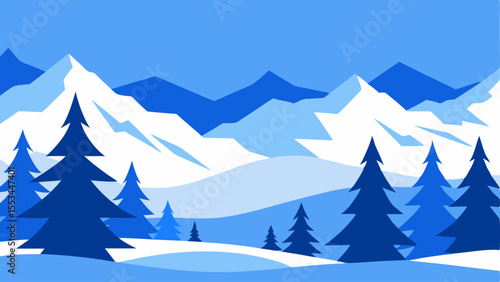 Snow-covered trees with a serene blue-toned background and a hint of distant mountains on white background