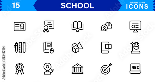 School Icon Set Representing Education, Classroom, Teacher, Student, and Learning in a Simple, Professional, and Marketable Vector Style