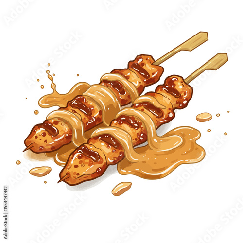 Vector Art Showing Three Skewers Of Sate Ayam Served On A Plate With Fresh Banana Leaf And A Bowl Of Creamy Peanut Sauce Rendered In A Vibrant Appealing Culinary Illustration