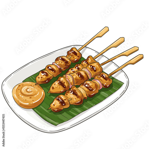 A Detailed Vector Illustration Depicts Sate Ayam Chicken Skewers Seasoned With A Rich Peanut Sauce Arranged Artfully On A White Plate Over A Banana Leaf Showcasing Vibrant