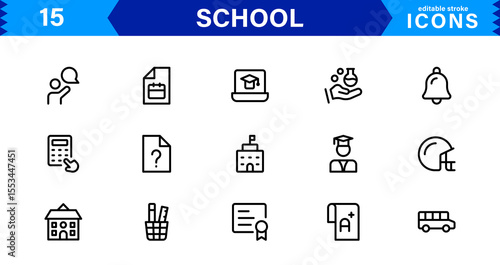 School Icon Set Representing Education, Classroom, Teacher, Student, and Learning in a Simple, Professional, and Marketable Vector Style
