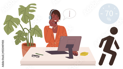Professional at desk providing assistance, headset on, interacting via computer. Ideal for customer support, remote work, communication, productivity, help desk, service efficiency simple flat