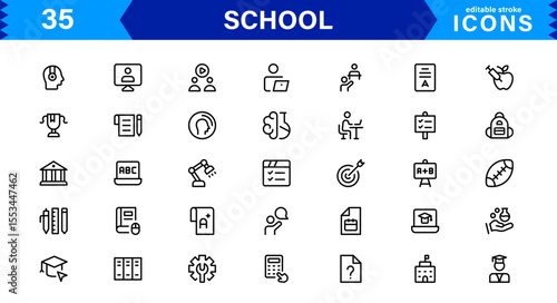 School Icon Set Representing Education, Classroom, Teacher, Student, and Learning in a Simple, Professional, and Marketable Vector Style